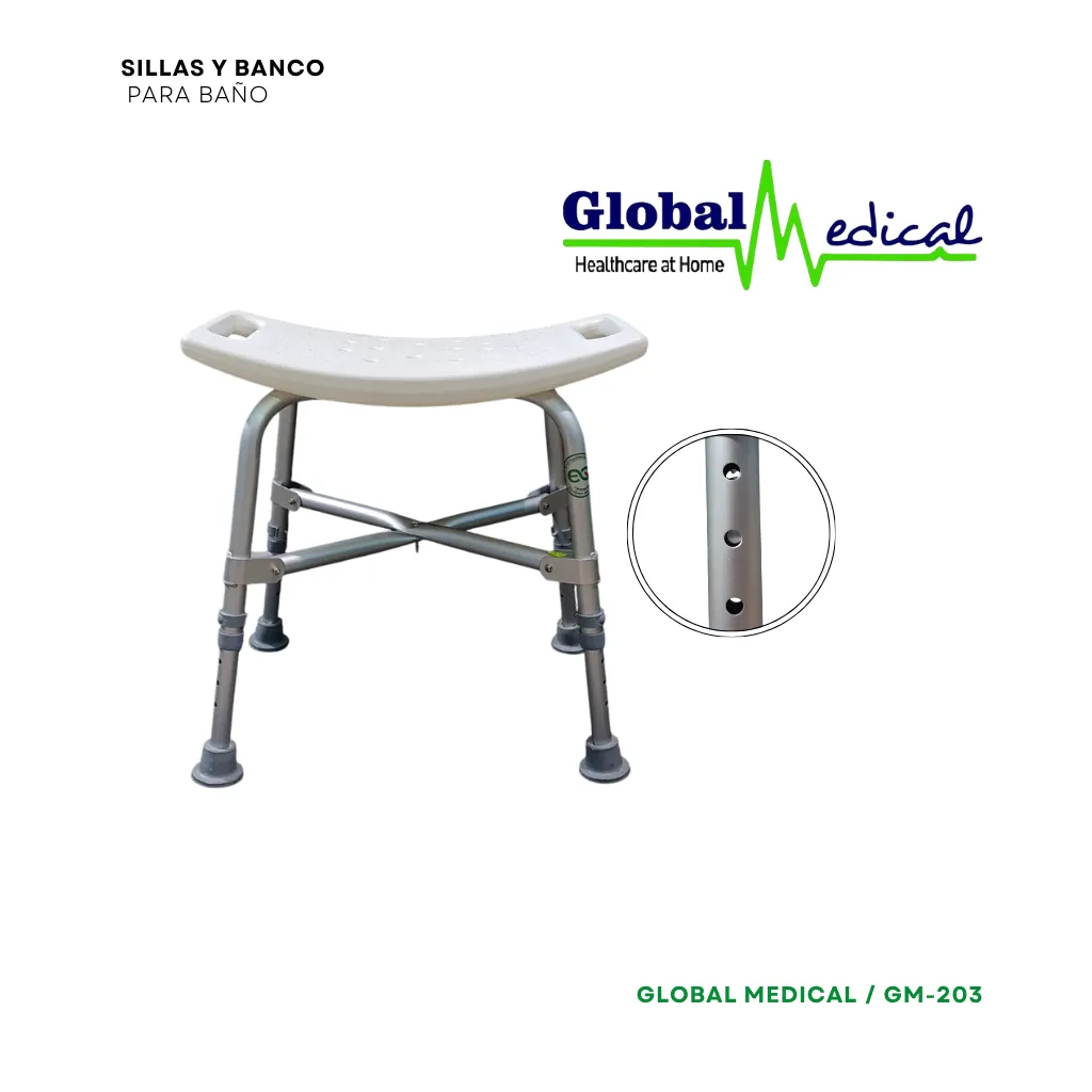 Banco para baño GM-203 Silla de baño tipo banco GM-203 con asiento plástico y regatones antideslizantes